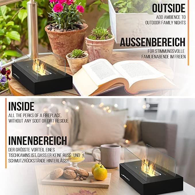 Kominek stołowy ze stali nierdzewnej, czarny, 350 x 182 x 14